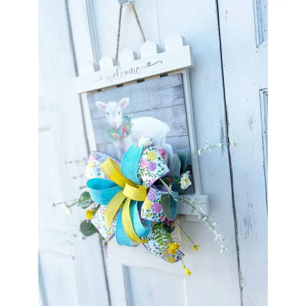 Easter Picket Fence Door Wreath with Lamb, Wood Porch Decoration, Floral Accents